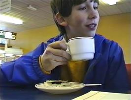 Clyde Fare enjoys hot chocolate at the World in Miniature cafe, Goonhavern